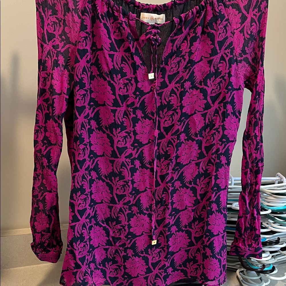 Tory Burch Vibrant Pink and Black Floral Blouse